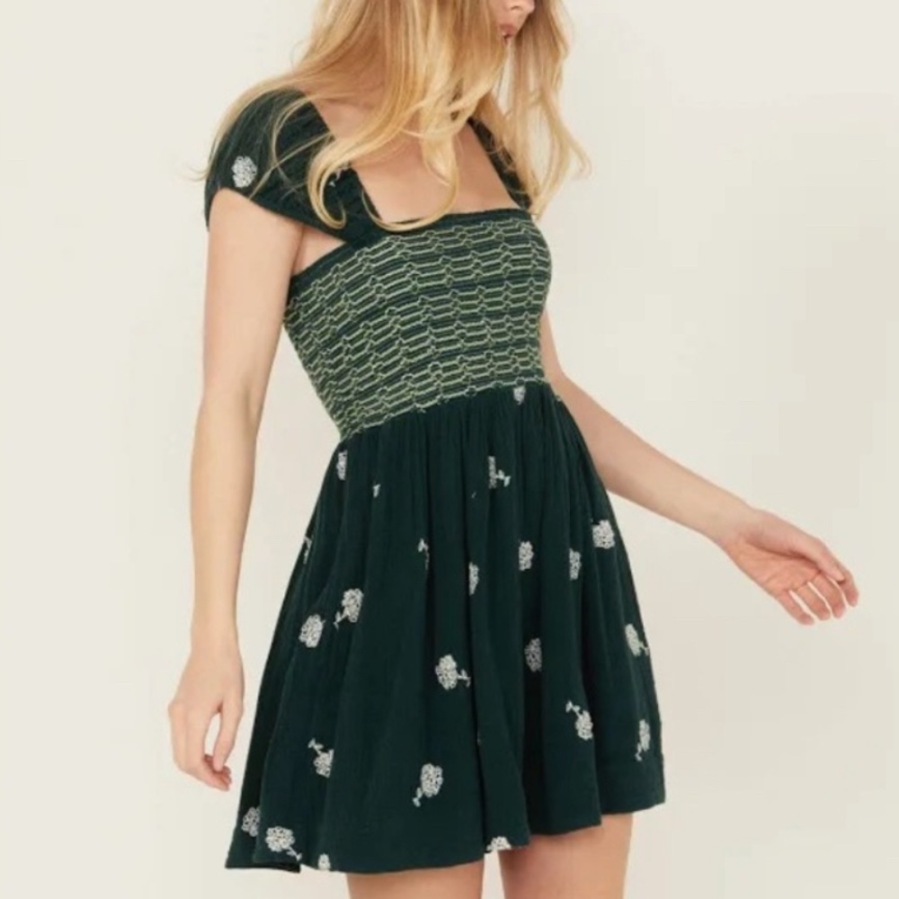 Free People Forest Green Smocked Mini Dress - Picture 2 of 6